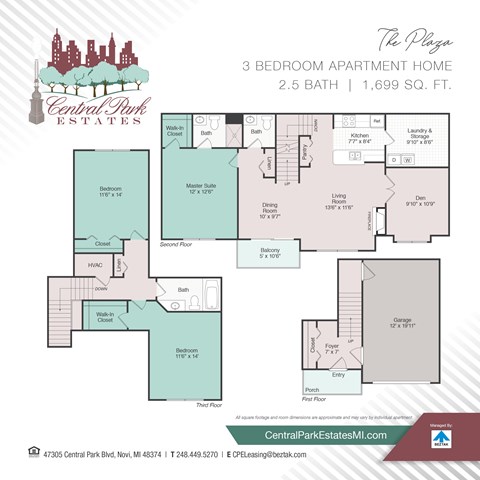 Floor plan for 3 beds, 2.5 baths, 1699 sqft